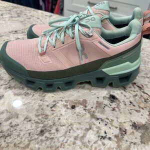 On Running Pink and Green Sneakers with Breathable Mesh and Chunky Sole